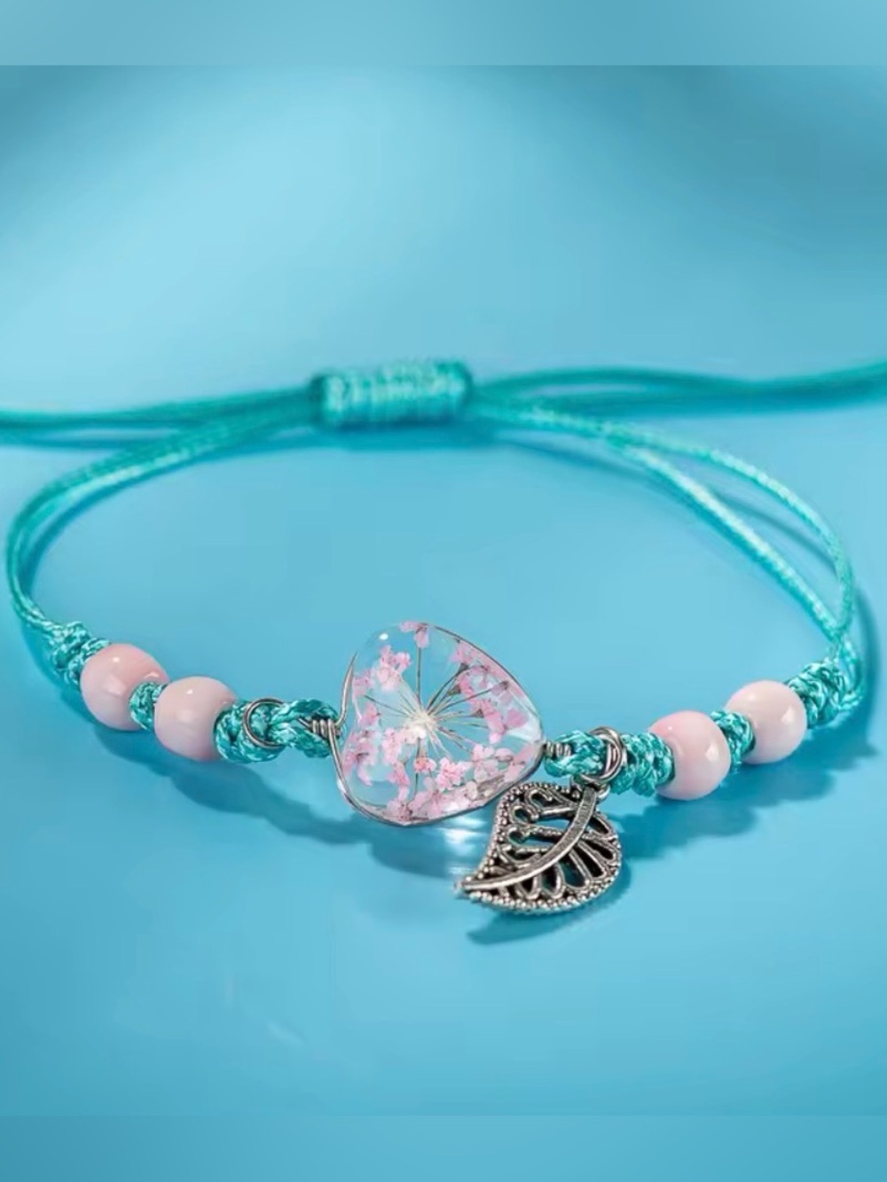 Aqua Cord Bracelet with Pink Floral Heart and Leaf Charm